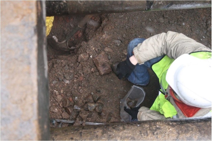 Excavation of 19th-century ink bottles are excavated at 65 Fulton Street. The bottles are the subject of today’s South Street Seaport blog post. Photo: Chrysalis Archaeology